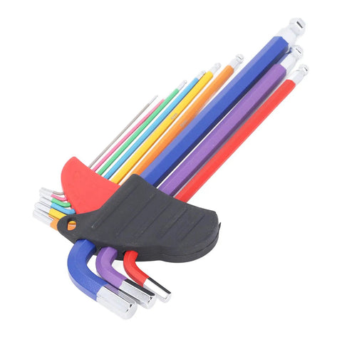 Solid Multi Color Hex Wrench Set With Long Arms For Tight Spots, CR V Steel Heavy Duty 9 Piece Key Kit Perfect For DIY Repairs And Garage Projects. 9-piece CR-V long arm hex wrench set with color-coded keys and holder