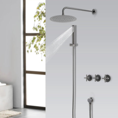 Shower System 10 Inch Wall Mounted Rainfall Set with Handheld Spray featuring stainless steel construction and sleek design.