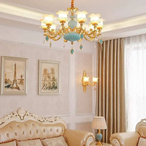 Next Level Modern Chandelier With Bold Adjustable Design And Sparkling Crystal Glass Accents Bright 15 Light Led Ceiling Pendant in gold blue zinc finish.