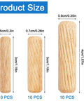 30 Pcs Wooden Dowels Assorted Set Fluted Grooved Dowel Pins In 6mm 8mm 10mm For Crafts Furniture Woodworking DIY Carpentry Natural Hardwood Durable High Density Construction With Air Elimination Grooves For Tight Fits Must Have image showing product size.