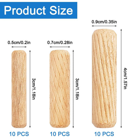 30 Pcs Wooden Dowels Assorted Set Fluted Grooved Dowel Pins In 6mm 8mm 10mm For Crafts Furniture Woodworking DIY Carpentry Natural Hardwood Durable High Density Construction With Air Elimination Grooves For Tight Fits Must Have image showing product size.