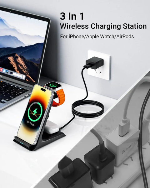 Wireless Charger For Thick 10mm Cases OtterBox Heavy Duty 3 In 1 Charging Dock with iPhone, Apple Watch, AirPods on desk