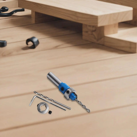 Pro Grade Adjustable Wood Countersink Drill Bit With Tungsten Steel Depth Limiter next to additional drill accessories on a wooden surface.