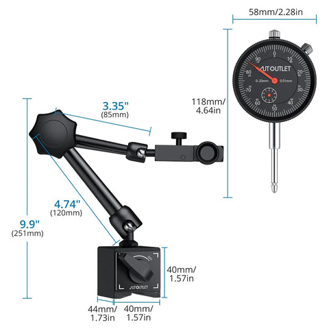Dial Indicator With Magnetic Base For Home Shop Use 0 To 1 Inch Range 0.001 Inch Readout with 132 Lb Pull and Fine Adjustment Knob
