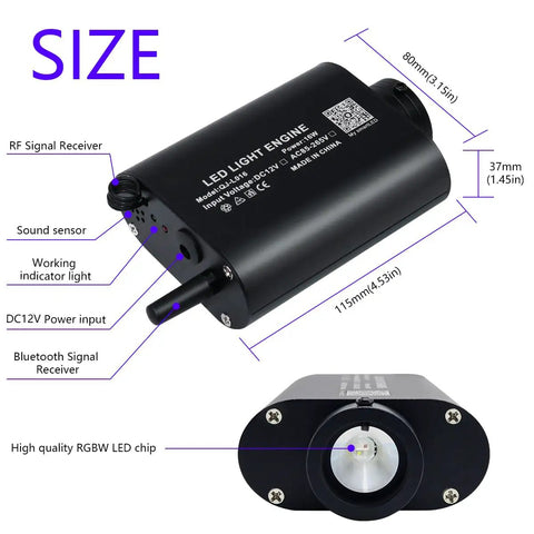 LED light engine for 16W Fiber Optic Lights Starlight Headliner Kit With APP Bluetooth Control, showing ports and dimensions