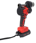 Cordless Drain Cleaner With 21V Brushless Motor and 7M Flexible Pipe, red and black handheld tool for plumbing tasks.