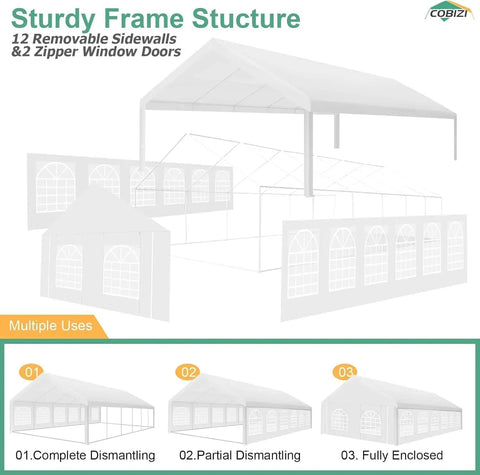 Illustration of Heavy Duty 20x40 Outdoor Party Tent With 12 Sidewalls And 16 Church Windows White Event Shelter For Backyard Parties Weddings And BBQs Powder Coated Finish Better Than Galvanized For Maximum Durability options.
