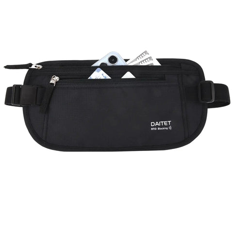 Hidden Travel Money Belt Wallet With RFID Blocking Slim Passport Holder Fanny Pack Undercover Belt Bag For Travel Secure Anti Theft Pocket For Cash Cards Keys And Documents Black, showing pockets and secure clasp
