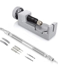 9 Piece Watch Repair Kit For DIY Band Remover Tools With Vanadium Steel Horology Tool Set and accessories on white background.