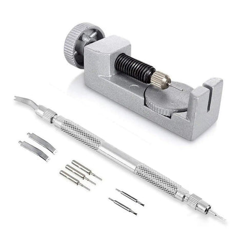 9 Piece Watch Repair Kit For DIY Band Remover Tools With Vanadium Steel Horology Tool Set and accessories on white background.