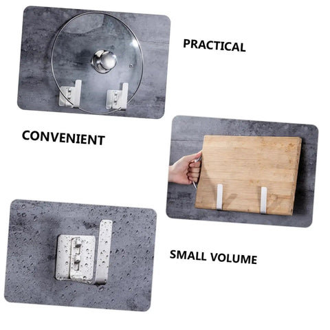 Three views of Two Pack Pot Lid Rack Wall Mounted Organizer for Kitchen, showing pot lid, cutting board, and folded rack on wall