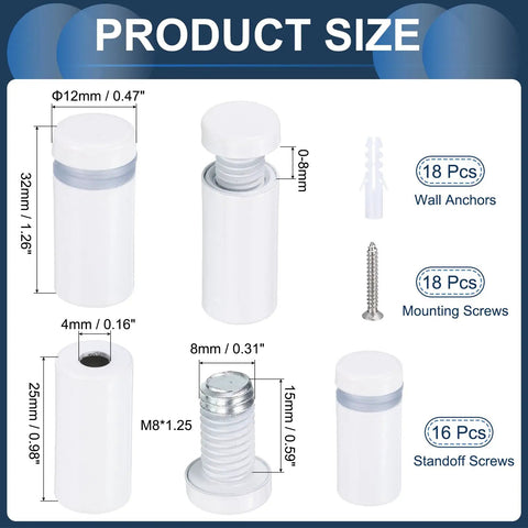 Product size of Stainless Steel 16-Piece Mirror Wall Mount Standoff Screws Kit with Anchors and Hardware in White Finish.
