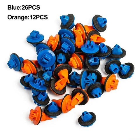 Premium Nylon Mudguard Flare Retainer Clip Kit Direct Replacement For Toyota Tacoma RAV4 Highlander FJ Cruiser 4Runner Fender Trim Bumper 38 Piece Multi Set Built Tough Weather Resistant Drop In Fit No Hassle Install Long Lasting Garage Gear blue and orange nylon clips, 38-piece set