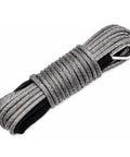 Upgrade Your Winch With Three Sixteenth Inch By Fifty Foot Gray Synthetic Winch Rope Made From Ultra High Molecular Weight Polyethylene, Minimal Stretch, Non Rotation, UV And Chemical Resistant, Aluminum Hawse Fairlead Compatible coiled with thimble eye