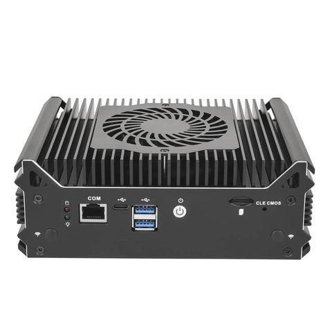 Hella Reliable Firewall And Router Mini Pc With Intel N150 Processor Eight Gb Ram 256GB Ssd rear view showcasing ports and cooling fan.