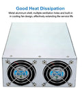 Beefy 2000W Industrial DC Switching Power Supply With Variable Output From 12V To 72V, 150A At 12V, 83A At 24V, 55A At 36V, 41A At 48V, 33A At 60V, 72V Adjustable, 185 To 240V AC Input, Rugged Heavy Duty Industrial Grade aluminum case with dual cooling fans
