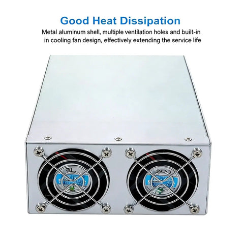 Beefy 2000W Industrial DC Switching Power Supply With Variable Output From 12V To 72V, 150A At 12V, 83A At 24V, 55A At 36V, 41A At 48V, 33A At 60V, 72V Adjustable, 185 To 240V AC Input, Rugged Heavy Duty Industrial Grade aluminum case with dual cooling fans