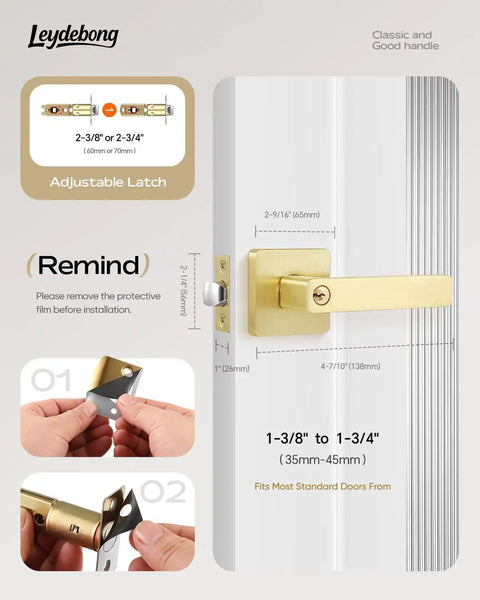 Built Tough Heavy Duty Gold Door Lock Set with Keys, satin brass zinc alloy lever handle with adjustable latch for modern homes.