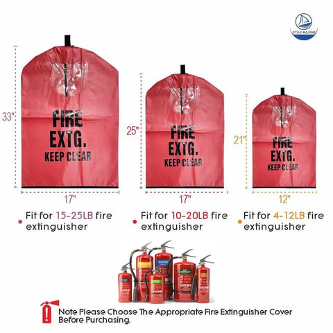 Heavy Duty Fire Extinguisher Cover With Window For 10 To 20 Lb Units Durable PVC Sleeve With Wear Resistant Build And Black Trim Easy Hook And Loop Closure For Quick Install Bright Red For Clear Visibility 17 In Wide By 25 In Long shown with size options