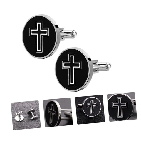 Men's Titanium Steel Cross Cufflinks Black Metal Dress Accessories For Business Formal Wear One Pair Decorative Religious Cross Design