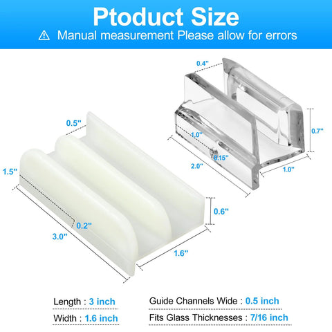 Sliding Shower Door Bottom Track Set For Glass Doors Compatible With One Half Inch And Three Eighth Inch Grooves Includes Two Tracks For Seven Sixteenths Inch And Five Sixteenths Inch Glass Doors Durable Material For Long Lasting Performance, showing dimensions and design
