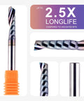 SpeTool O-flute CNC router bit collage; shows 1/4 in shank, 1 in cutting length, long-life coating, orange collar