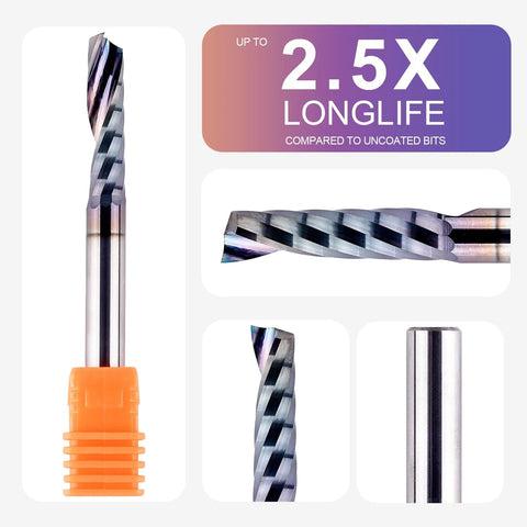 SpeTool O-flute CNC router bit collage; shows 1/4 in shank, 1 in cutting length, long-life coating, orange collar