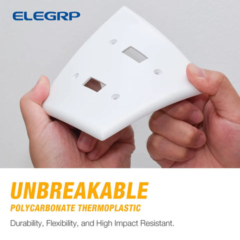Person bending Two Gang Decorative Wall Plates For Decorator Receptacles And Switches Mid Size Thermoplastic Faceplate Covers Tough As Nails Unbreakable Polycarbonate Glossy White Finish UL Listed 5 Pack