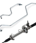 Hard Line Rack And Pinion Transfer Lines Replacement For 2008 2014 Silverado Tahoe Suburban Avalanche 2008 2014 GMC Sierra Yukon Cadillac Escalade ESV Direct Fit Bolt On Rack Line Kit showing metal tubes and gear assembly