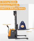 Heavy Duty Full Electric Walkie Pallet Stacker With Straddle Legs 3300 Lb Capacity 177 Inch Lift Height side view with AC driving system.