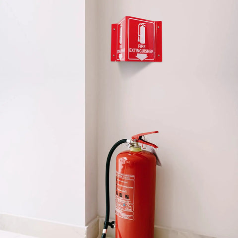 Fire Extinguisher Sign With Down Arrow, 8 By 6 Inches, Acrylic Projecting V Sign, Double Sided, Installed in Home Office