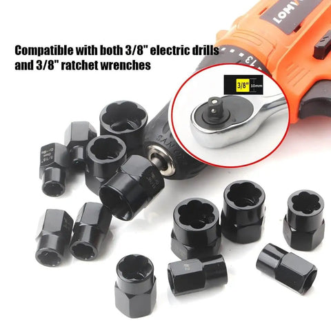 11 Piece Twist Socket Set For Damaged Bolts And Lug Nuts 9mm To 19mm Nut Remover Kit with Punch Rod alongside drill and wrenches
