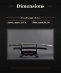 Image of the Unsharpened Stainless Steel Iaido Training Sword with a 28.5-inch blade, shown with dimensions and black saya on stand.