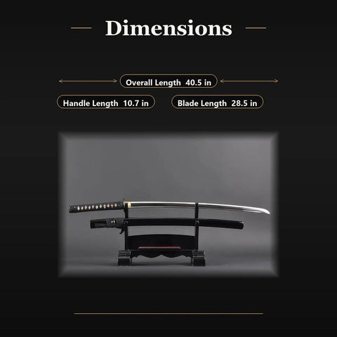 Image of the Unsharpened Stainless Steel Iaido Training Sword with a 28.5-inch blade, shown with dimensions and black saya on stand.