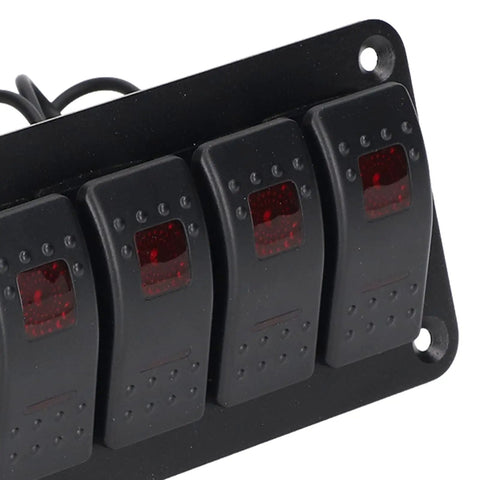 Close-up of Eight Gang Rocker Switch Panel With LED Backlit On Off And Overload Protection For Car RV Bus Marine Boat, 4 switches shown.
