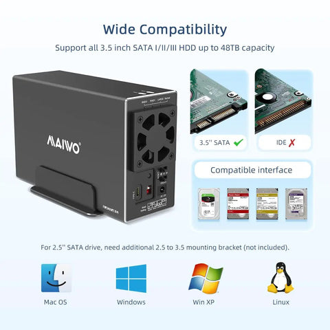 Dual Bay Hard Drive RAID Enclosure With Blazing Fast USB 3.1 10Gbps Speed Supports 2.5 And 3.5 Inch SATA SSD HDD Drives, showing rear panel and fan.
