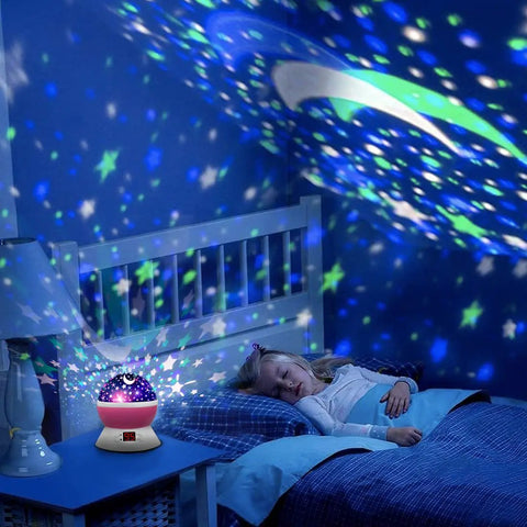 Child sleeping under stars from Epic 360 Degree Rotating Night Light Projector For Kids With Timer, Stars Ceiling Projection For Girls Room.