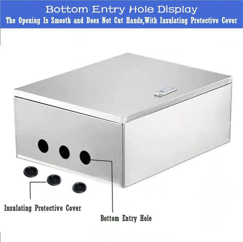 Heavy Duty Stainless Steel Electrical Enclosure Box With Hinged Cover for Indoor and Outdoor Use, showcasing bottom entry hole.