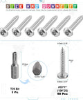 Built Tough Top Shelf Size 10 X 1 Inch Button Head Torx Security Screws Tamper Resistant Sheet Metal Fasteners With T25 Bit 304 Stainless Steel Rustproof Heavy Duty Hardware DIY Repairs showing six screws and T25 bit.
