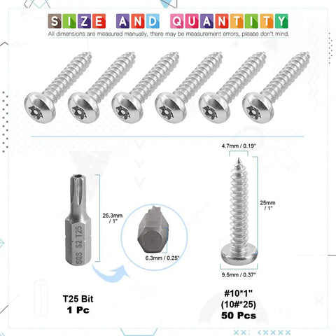 Built Tough Top Shelf Size 10 X 1 Inch Button Head Torx Security Screws Tamper Resistant Sheet Metal Fasteners With T25 Bit 304 Stainless Steel Rustproof Heavy Duty Hardware DIY Repairs showing six screws and T25 bit.