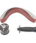 Diy Mini Belt Sander And Stainless Steel Pipe Polisher Featuring Flexible 20 And 40 Mm Strips For Zero Stress Grinding and Hella Smooth Finishes On Tight Curves Today components including abrasive strip, drive wheel, and handle.