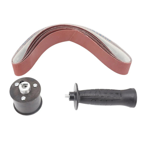 Diy Mini Belt Sander And Stainless Steel Pipe Polisher Featuring Flexible 20 And 40 Mm Strips For Zero Stress Grinding and Hella Smooth Finishes On Tight Curves Today components including abrasive strip, drive wheel, and handle.