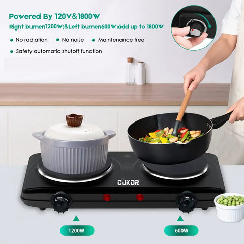 Double Cast Iron Two Burner Portable Electric Stove With 1800W Dual Burners For Countertop Cooking in use with pots and vegetables