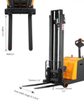 Heavy Duty Counterbalanced Electric Stacker With 2200 Lbs Capacity And 98 Inch Lifting Height showing fork dimensions and control panel.