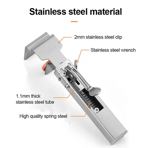 Heavy Duty Adjustable Drawer Clamp With One Touch Quick Release For No Sweat Cabinet Front Install and Hassle Free Drawer Panel Alignment Jig and Secure Holders, showing stainless steel components.