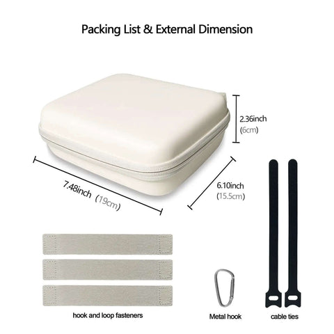 Hard Shell Cable Tech Organizer Travel Case For Power Banks And Portable Chargers With Straight Up Cable Organization And Kickass Gadget Protection Optimized To Keep Essentials Snug And Secure On Every Trip White with dimensions and accessories shown.