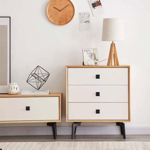 Square Cabinet Knobs Matte Black Set on drawer and cabinet in modern living room setup