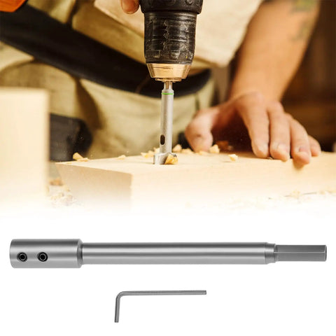 Solid Forstner Bit Extender Chuck With 3 8 Inch Hex Shank Drill Adapter providing dead straight five point seven five inch reach in use
