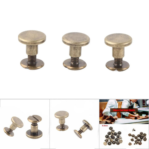 Forty Brass Flat Head Button Studs Feature Screw On Chicago Screws ideal for rugged leather, 6.5mm size for bags and crafts.