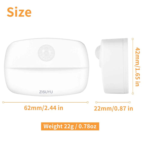 Dimensions of 6 Pack Motion Sensor Lights Indoor Battery Operated Wireless Stick On Night Lamps For Closet Hallway Staircase Kitchen Under Cabinet Cool White LED Energy Saving Smart Motion And Light Sensor Detects Up To 13 Feet shown with size and weight in mm and inches.